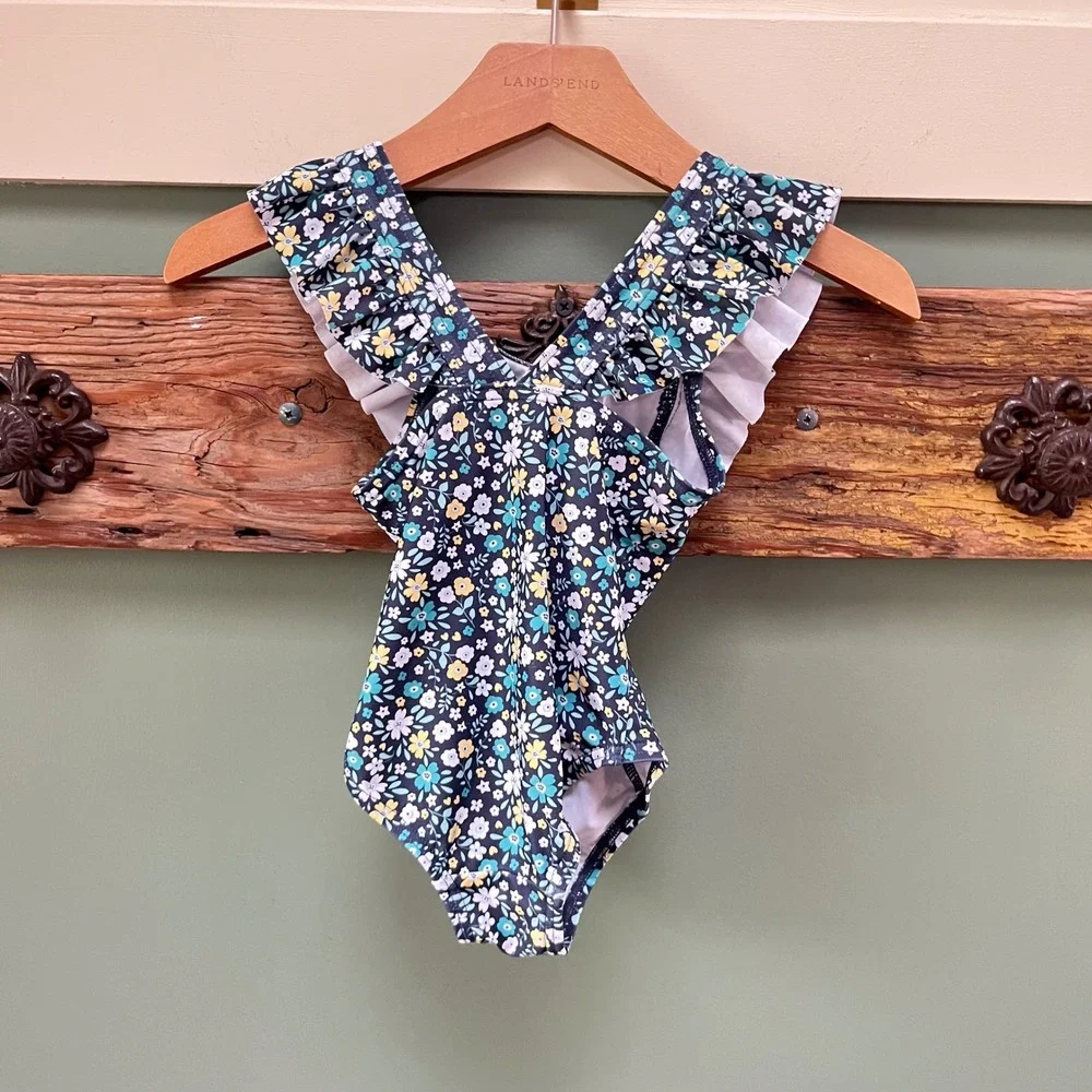 Polarn O. Pyret Floral Ruffle One Piece Swimsuit Navy Teal Yellow Kids 1-2 Years